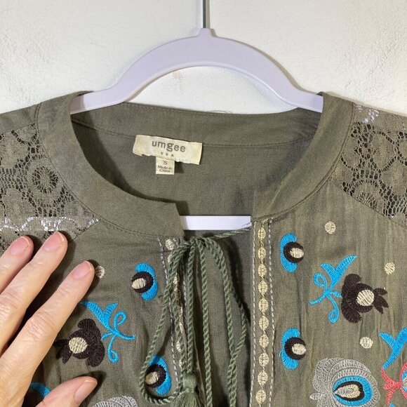 Womens Umgee V Neck Embroidered Tunic Dress Olive Green S Cotton Poly - Picture 6 of 9